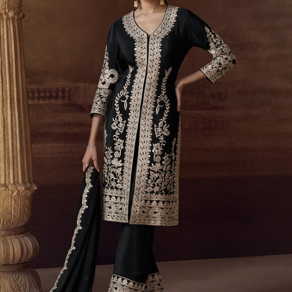 Designer Wedding Festive Chinnon Silk Black Embroidered Pakistani Style Palazzo - Picture 1 of 4